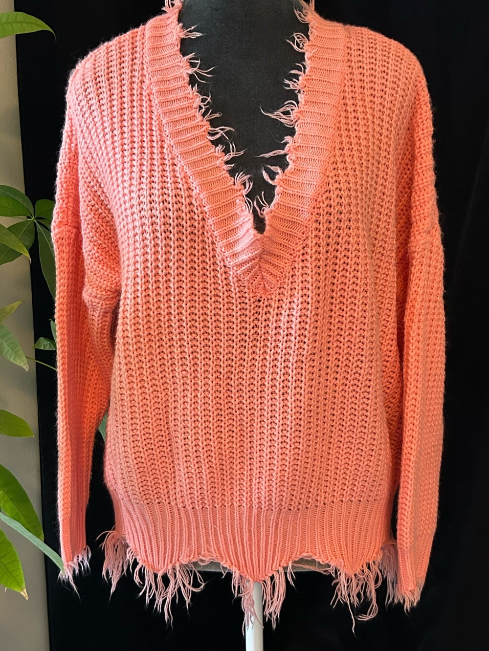 Main Strip Coral Distressed V-Neck Waffle Knit Sweater
